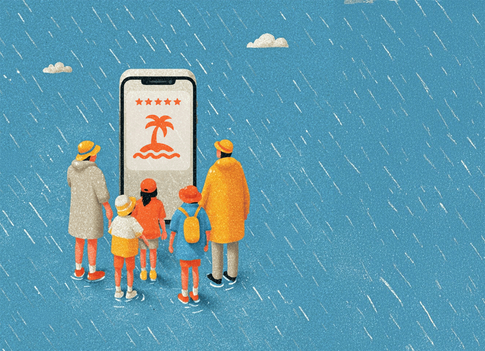 Illustrated family enjoying travel in the rain
